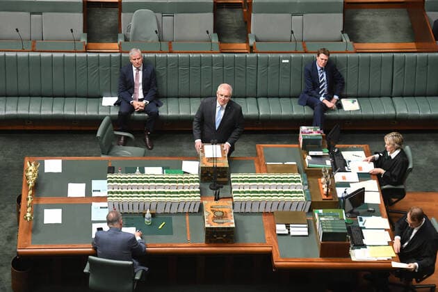 CORONAVIRUS LEGISLATION PARLIAMENT, Prime Minister Scott Morrison speaks during a parliamentary sitting under rules of social distancing in the House of Representatives at Parliament House in Canberra, Wednesday, April 8, 2020. ( NO ARCHIVING, EDITORIAL USE ONLY, NO USE IN BOOKS WITHOUT CONSENT Canberra ACT AUSTRALIA  Copyright: xMICKxTSIKASx 20200408001462295382