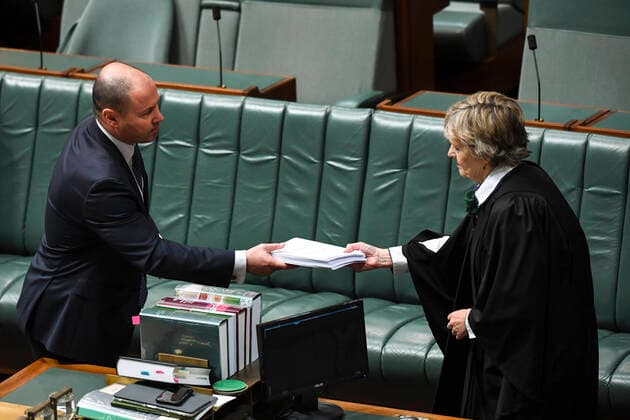 CORONAVIRUS LEGISLATION PARLIAMENT, Australian Treasurer Josh Frydenberg is seen during the introduction of the Coronavirus Economic Response Package during a parliamentary sitting under rules of social distancing in the House of Representatives at Parliament House in Canberra, Wednesday, April 8, 2020. ( NO ARCHIVING, EDITORIAL USE ONLY, NO USE IN BOOKS WITHOUT CONSENT CANBERRA ACT AUSTRALIA  Copyright: xLUKASxCOCHx 20200408001462309634