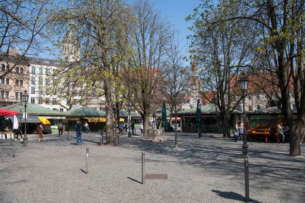 Munich, the Viktualienmart beer garden emptied due to Corona Pandemic