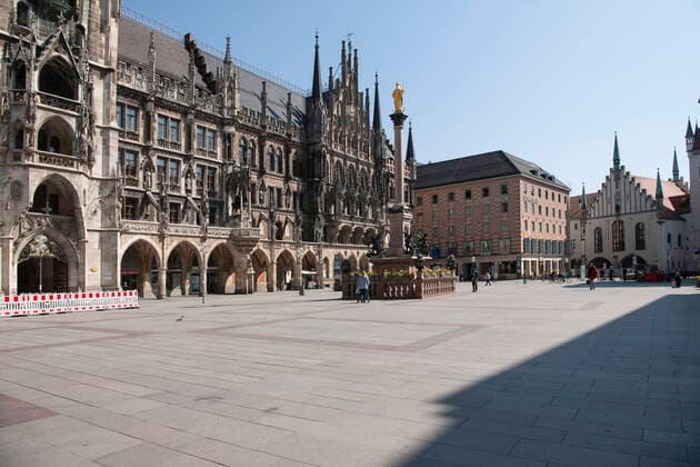 Munich, Marienplatz with New City Hall swept clean by Corona Pandemic