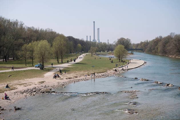 Munich, the Hot Spot Isar in best weather because of Corona Pandemic not very visited the people become reasonable