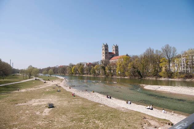 Munich, the Hot Spot Isar in best weather because of Corona Pandemic not very visited the people become reasonable