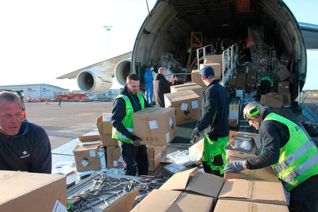 An Antonov AN 124 cargo plane with pesticides landed at Copenhagen Airport, Kastrup, Wednesday, April 8, 2020 The cargo aircraft brought, among other things, 500,000 face masks and 180,000 protective suits to the Danish health service delivered from China to work in collaboration between the Capital Region and Maersk, which ha  Copyright: KevinxArildtoftx xKoebenhavnsxLux cop107 spdk20200408-112831-L