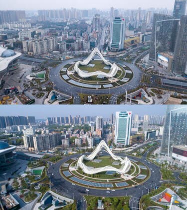 (200408) -- WUHAN, April 8, 2020 -- Combo aerial photo shows the Optics Valley Square in Wuhan, central China s Hubei Province on Jan. 26, 2020 (upper) and on April 8, 2020. With long lines of cars streaming through expressway tollgates and masked passengers boarding trains, the megacity of Wuhan in central China lifted outbound travel restrictions on Wednesday after almost 11 weeks of lockdown imposed to stem the COVID-19 outbreak ) CHINA-HUBEI-WUHAN-LIFE-RESUMING (CN) XiongxQi 
