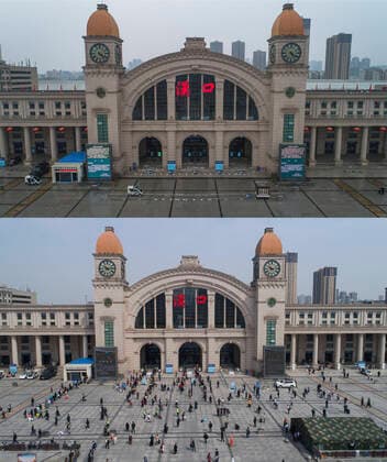 (200408) -- WUHAN, April 8, 2020 -- Aerial combo photo shows the Hankou Railway Station in Wuhan, central China s Hubei Province on Feb. 10, 2020 (upper) and on April 8, 2020. With long lines of cars streaming through expressway tollgates and masked passengers boarding trains, the megacity of Wuhan in central China lifted outbound travel restrictions on Wednesday after almost 11 weeks of lockdown imposed to stem the COVID-19 outbreak ) CHINA-HUBEI-WUHAN-LIFE-RESUMING (CN) XiaoxYijiu 