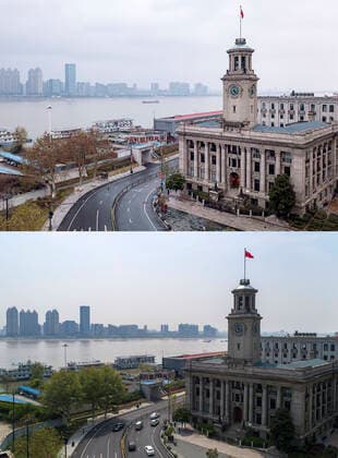 (200408) -- WUHAN, April 8, 2020 -- Aerial combo photo shows the Hankow Customs House in Wuhan, central China s Hubei Province on Jan. 26, 2020 (upper) and on April 8, 2020. With long lines of cars streaming through expressway tollgates and masked passengers boarding trains, the megacity of Wuhan in central China lifted outbound travel restrictions on Wednesday after almost 11 weeks of lockdown imposed to stem the COVID-19 outbreak ) CHINA-HUBEI-WUHAN-LIFE-RESUMING (CN) XiongxQi 