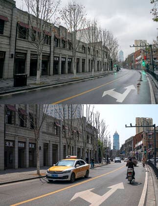(200408) -- WUHAN, April 8, 2020 -- Combo photo shows the Zhongshan Avenue in Wuhan, central China s Hubei Province on Jan. 26, 2020 (upper) and on April 8, 2020. With long lines of cars streaming through expressway tollgates and masked passengers boarding trains, the megacity of Wuhan in central China lifted outbound travel restrictions on Wednesday after almost 11 weeks of lockdown imposed to stem the COVID-19 outbreak ) CHINA-HUBEI-WUHAN-LIFE-RESUMING (CN) XiongxQi 