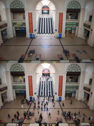 (200408) -- WUHAN, April 8, 2020 -- Combo photo shows the view of the entrance hall of the Hankou Railway Station in Wuhan, central China s Hubei Province on April 7, 2020 (upper) and on April 8, 2020. With long lines of cars streaming through expressway tollgates and masked passengers boarding trains, the megacity of Wuhan in central China lifted outbound travel restrictions on Wednesday after almost 11 weeks of lockdown imposed to stem the COVID-19 outbreak ) CHINA-HUBEI-WUHAN-LIFE-RESUMING (CN) XiaoxYijiu 