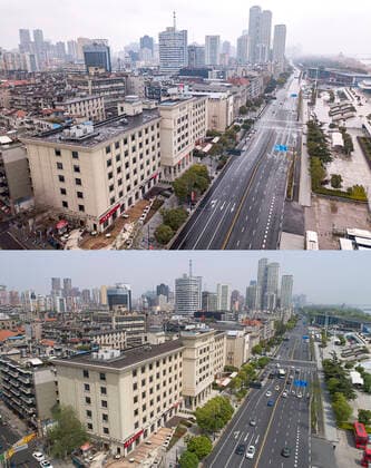 (200408) -- WUHAN, April 8, 2020 -- Combo aerial photo shows the Yanjiang Avenue in Hankou District of Wuhan, central China s Hubei Province on Jan. 26, 2020 (upper) and on April 8, 2020. With long lines of cars streaming through expressway tollgates and masked passengers boarding trains, the megacity of Wuhan in central China lifted outbound travel restrictions on Wednesday after almost 11 weeks of lockdown imposed to stem the COVID-19 outbreak ) CHINA-HUBEI-WUHAN-LIFE-RESUMING (CN) XiongxQi 