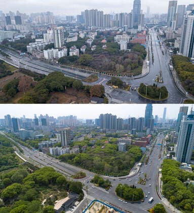 (200408) -- WUHAN, April 8, 2020 -- Combo aerial photo shows the Xudong Street in Wuhan, central China s Hubei Province on Jan. 26, 2020 (upper) and on April 8, 2020. With long lines of cars streaming through expressway tollgates and masked passengers boarding trains, the megacity of Wuhan in central China lifted outbound travel restrictions on Wednesday after almost 11 weeks of lockdown imposed to stem the COVID-19 outbreak ) CHINA-HUBEI-WUHAN-LIFE-RESUMING (CN) XiongxQi 