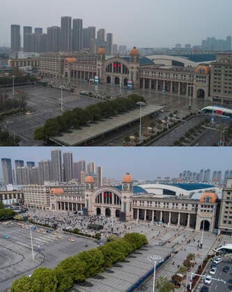 (200408) -- WUHAN, April 8, 2020 -- Aerial combo photo shows the Hankou Railway Station in Wuhan, central China s Hubei Province on Feb. 10, 2020 (upper) and on April 8, 2020. With long lines of cars streaming through expressway tollgates and masked passengers boarding trains, the megacity of Wuhan in central China lifted outbound travel restrictions on Wednesday after almost 11 weeks of lockdown imposed to stem the COVID-19 outbreak ) CHINA-HUBEI-WUHAN-LIFE-RESUMING (CN) XiaoxYijiu 