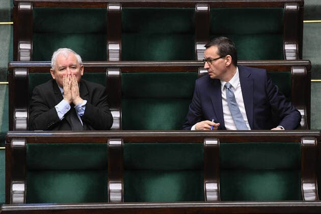 9th Special Sitting of the Sejm during the coronavirus outbreak Jaroslaw Kaczynski, Mateusz Morawiecki 9th Special Sitting of the Sejm during the coronavirus outbreak on April 08, 2020 in Warsaw, Poland EN_01422587_1453 