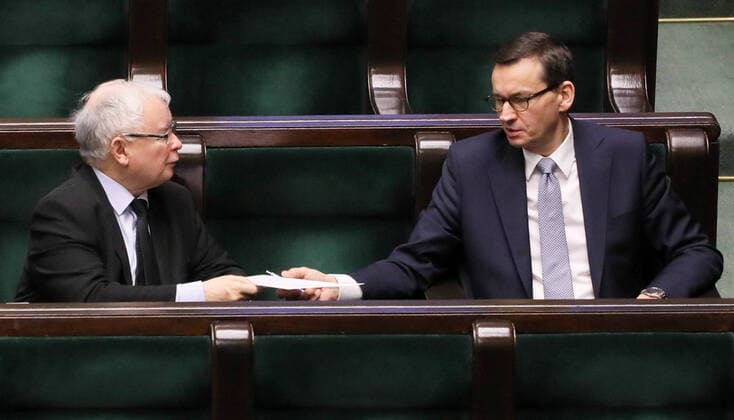 9th Special Sitting of the Sejm during the coronavirus outbreak Jaroslaw Kaczynski, Mateusz Morawiecki 9th Special Sitting of the Sejm during the coronavirus outbreak on April 08, 2020 in Warsaw, Poland EN_01422587_1469 