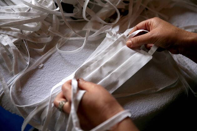 SOCHI, RUSSIA - APRIL 8, 2020: A face mask sewn by the Barsegyan family. The Barsegyans receive materials from the Sochi city hall, sew face masks and give them to volunteers and healthcare workers attending patients under quarantine. Dmitry Feoktistov TASS  TS0D4DA6