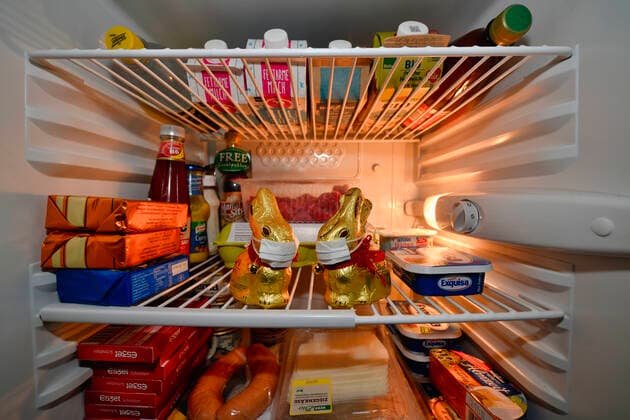 Two chocolate Easter bunnies with mouth protection, filled fridge during quarantine, domestic isolation, curfew due to coronavirus, Sars CoV 2 Covid 19, Stuttgart, Baden Württemberg, Germany Fridge bulging
