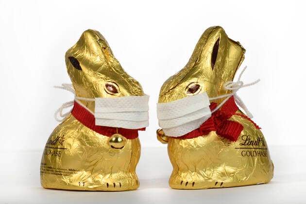 Symbol picture Easter during the Corona crisis, two chocolate Easter bunnies with mouthguards, Stuttgart, Baden Württemberg, Germany Refrigerator filled to bursting point