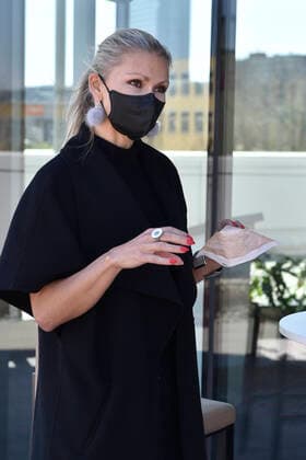Respilon company representative Jana Zimova gives a briefing in Czech Technology Park, where company plans manufacturing lines capable of producing 100,000 nanoparticle respirators and face masks capable of protecting against the novel coronavirus, in Brno, Czech Republic, April 8, 2020. (CTKxPhoto VaclavxSalek) CTKPhotoP202004080519001 sal 08