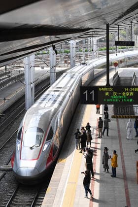 (200408) -- BEIJING, April 8, 2020 -- The G4802 high-speed train pulls in at the Beijing West Railway Station in Beijing, capital of China, April 8, 2020. G4802, the first high-speed train departing from Wuhan since the city resumed outbound travel, arrived at Beijing West Railway Station on Wednesday. Wuhan, the megacity in central China, lifted outbound travel restrictions from Wednesday after almost 11 weeks of lockdown to stem the spread of COVID-19. ) CHINA-BEIJING-TRAIN FROM WUHAN-ARRIVAL (CN) JuxHuanzong 
