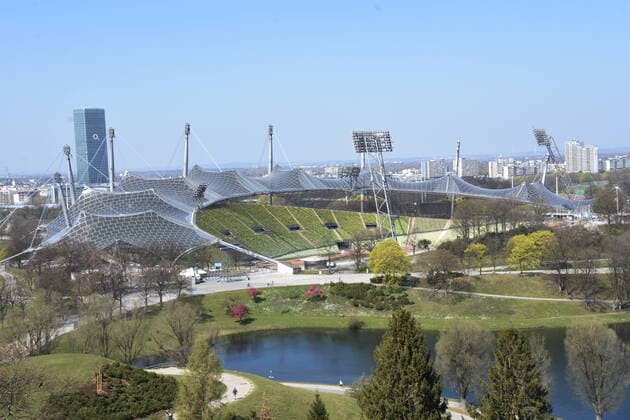 Olympic Lake and Olympic Stadium in the Olympic Park Munich 08 04 20 Munich