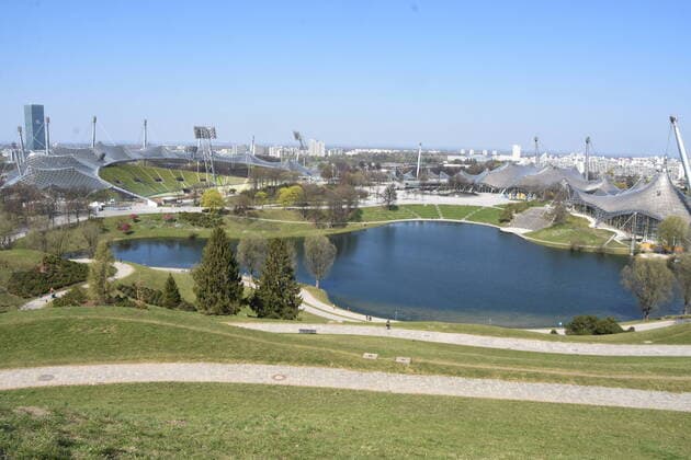 Olympic Lake and Olympic Stadium Olympic Hall in the Olympic Park Munich 08 04 20 Munich