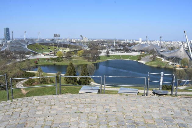 Olympic Lake and Olympic Stadium Olympic Hall in the Olympic Park Munich 08 04 20 Munich