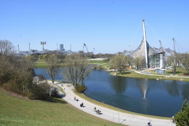Olympic Lake and Olympic Stadium Olympic Hall in the Olympic Park Munich 08 04 20 Munich