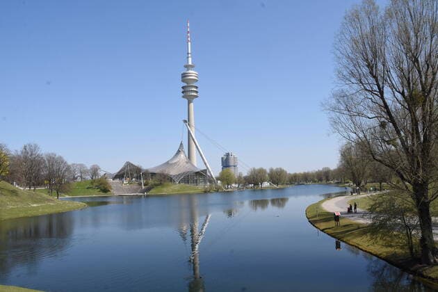 Olympic Tower Reflection in the Olympic Lake in the Olympic Park Munich 08 04 20 Munich
