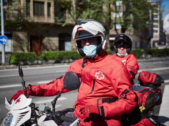April 8, 2020, Pamplona, Navarra, SPAIN: Red Cross volunteers on motorcycles during the fourth week after the Government declared the state of alarm in Spain and recommended people to stay at home to fight coronavirus COVID-19 on April 8, 2020 in Pamplona, Spain Pamplona SPAIN - ZUMAa181 47124067st Copyright: xEduardoxSanzx
