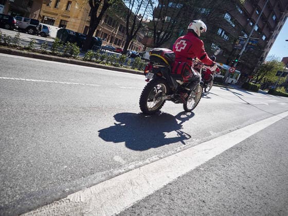April 8, 2020, Pamplona, Navarra, SPAIN: Red Cross volunteers on motorcycles during the fourth week after the Government declared the state of alarm in Spain and recommended people to stay at home to fight coronavirus COVID-19 on April 8, 2020 in Pamplona, Spain Pamplona SPAIN - ZUMAa181 47124068st Copyright: xEduardoxSanzx