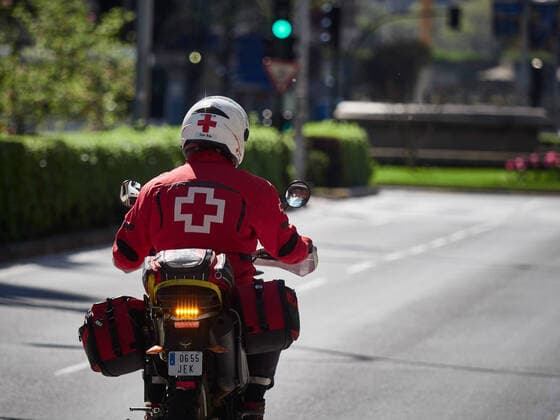 April 8, 2020, Pamplona, Navarra, SPAIN: Red Cross volunteers on motorcycles during the fourth week after the Government declared the state of alarm in Spain and recommended people to stay at home to fight coronavirus COVID-19 on April 8, 2020 in Pamplona, Spain Pamplona SPAIN - ZUMAa181 47124070st Copyright: xEduardoxSanzx