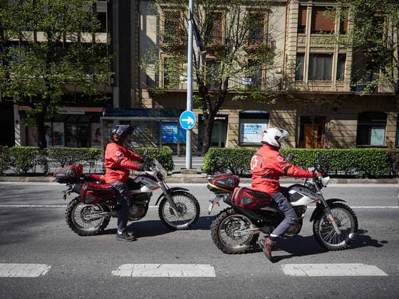April 8, 2020, Pamplona, Navarra, SPAIN: Red Cross volunteers on motorcycles during the fourth week after the Government declared the state of alarm in Spain and recommended people to stay at home to fight coronavirus COVID-19 on April 8, 2020 in Pamplona, Spain Pamplona SPAIN - ZUMAa181 47124125st Copyright: xEduardoxSanzx