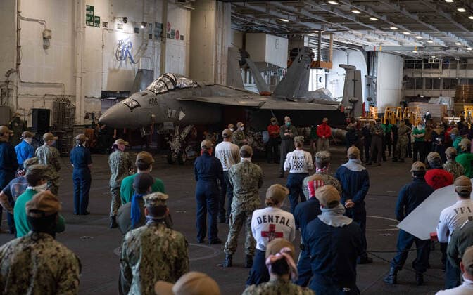 April 7, 2020, Apra Harbor, Guam, United States of America: U.S. Navy Vice Adm. William Merz, commander, 7th Fleet, delivers a speech to the crew of the aircraft carrier USS Theodore Roosevelt in the Hangar Bay following the outbreak of COVID-19, coronavirus and removal of the executive officer April 7, 2020 in Apra Harbor, Apra Harbor United States of America - ZUMAp138 20200407_zaa_p138_021 Copyright: xKayliannaxGenier U.S.xNavyx
