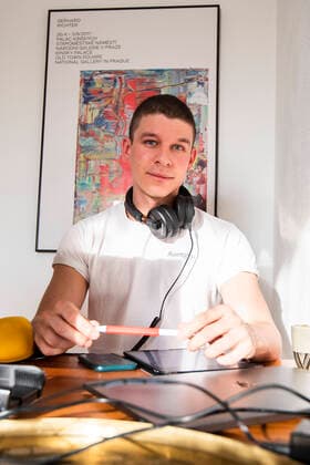 Journalist, blogger and radio presenter Florian Prokop broadcasts a radio report from his home office in Berlin on 8 April 2020 To sl