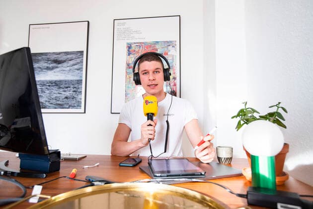 Journalist, blogger and radio presenter Florian Prokop broadcasts a radio report from his home office in Berlin on 8 April 2020 To sl