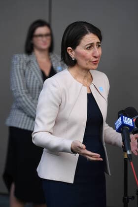GLADYS BEREJIKLIAN CORONAVIRUS PRESSER, NSW Premier Gladys Berejiklian speaks to the media during a press conference in Sydney, Thursday, April 9, 2020. NSW has recorded its lowest daily rise in coronavirus cases in more than three weeks as detectives seize evidence from the ill-fated Ruby Princess cruise ship. ( NO ARCHIVING, EDITORIAL USE ONLY, NO USE IN BOOKS WITHOUT CONSENT SYDNEY NSW AUSTRALIA  Copyright: xJOELxCARRETTx 20200409001462530234