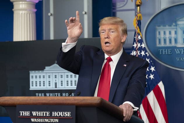 United States President Donald Trump participates in a news briefing with members of the Coronavirus Task Force at the White House on Wednesday, April 8, 2020 in Washington DC.  WAX20200408950 CHRISxKLEPONIS