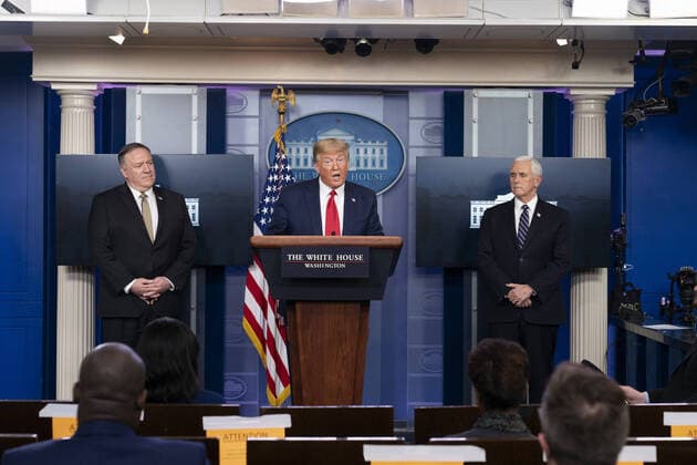 United States President Donald Trump participates in a news briefing with members of the Coronavirus Task Force at the White House on Wednesday, April 8, 2020 in Washington DC.  WAX20200408968 CHRISxKLEPONIS
