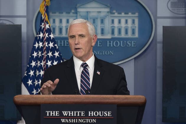 United States Vice President Mike Pence participates in a news briefing with members of the Coronavirus Task Force at the White House on Wednesday, April 8, 2020 in Washington DC.  WAX20200408995 CHRISxKLEPONIS