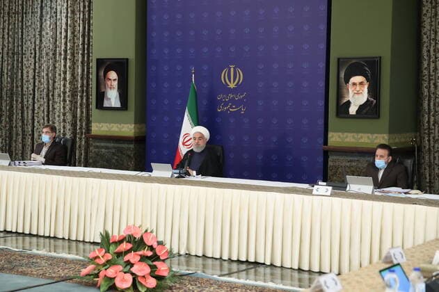April 8, 2020, Tehran, Iran: Iranian President, HASSAN ROUHANI (C), speaks during the National Committee Against the Coronavirus (COVID-19), in Tehran, Iran. Tehran Iran - ZUMAi98_ 20200408_zih_i98_001 Copyright: xIranianxPresidencyx