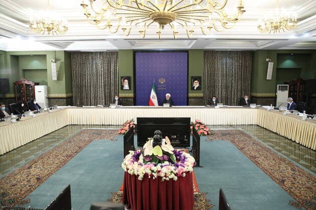 April 8, 2020, Tehran, Iran: Iranian President, HASSAN ROUHANI (C), speaks during the National Committee Against the Coronavirus (COVID-19), in Tehran, Iran. Tehran Iran - ZUMAi98_ 20200408_zih_i98_004 Copyright: xIranianxPresidencyx