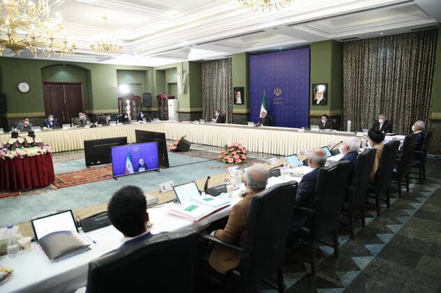 April 8, 2020, Tehran, Iran: Iranian President, HASSAN ROUHANI (C), speaks during the National Committee Against the Coronavirus (COVID-19), in Tehran, Iran. Tehran Iran - ZUMAi98_ 20200408_zih_i98_017 Copyright: xIranianxPresidencyx
