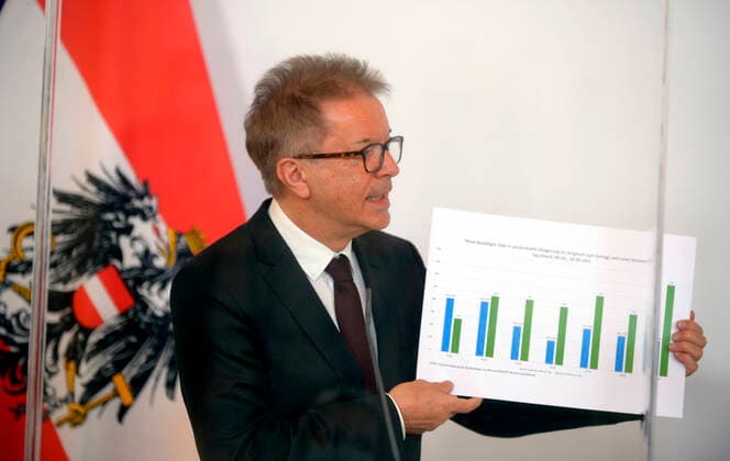 Vienna 09 04 2020, Federal Chancellery, Vienna, AUT, Acute developments on corona disease in Austria, press conference on the subject of family and social affairs, im Bild Social Minister Rudolf Anschober Gruene Social Minister Rudolf Anschober Gruene during a press conference on the subject of family and social affairs of Austrian Goverment about the Coronavirus Pandemic at the Federal Chancellery in Vienna, Austria  EP_str