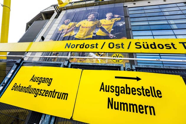 Dortmund, 9 April 2020 A temporary corona test and treatment centre has been set up in part of the Signal Iduna Park Westfalenstadion of the Bundesliga club BvB Borussia Dortmund Citizens can be tested for the novel COVID 19 corona virus here