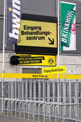 Dortmund, 9 April 2020 A temporary corona test and treatment centre has been set up in part of the Signal Iduna Park Westfalenstadion of the Bundesliga club BvB Borussia Dortmund Citizens can be tested for the novel COVID 19 corona virus here