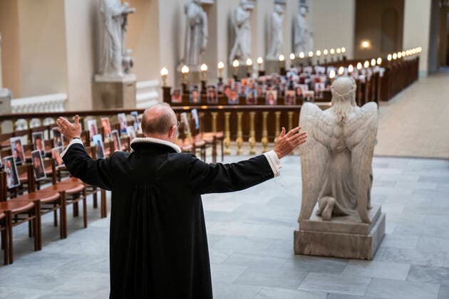County Prosecutor Anders Gadegaard and Copenhagen Cathedral held Easter service in front of a congregation of selfies on Thursday, April 9, 2020 Due to COVID 19, Our Ladys church inspired by an Italian church held the devotional on Thursday before a congregation that had sent selfies to the church, Denmark,  Copyright: MartinxSylvestx COP101 spdk20200409-163227-L