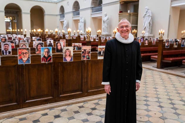 County Prosecutor Anders Gadegaard and Copenhagen Cathedral held Easter service in front of a congregation of selfies on Thursday, April 9, 2020 Due to COVID 19, Our Ladys church inspired by an Italian church held the devotional on Thursday before a congregation that had sent selfies to the church, Denmark,  Copyright: MartinxSylvestx COP101 spdk20200409-163231-L