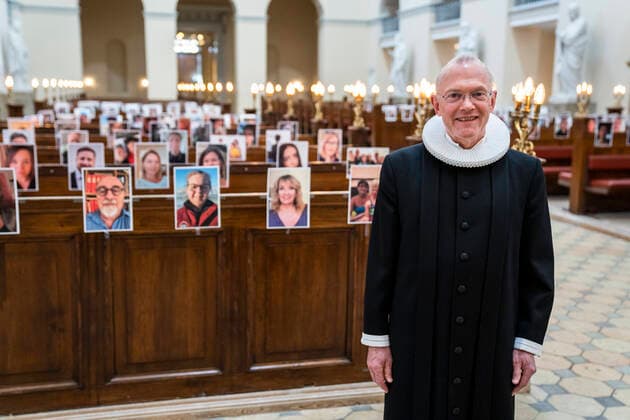 County Prosecutor Anders Gadegaard and Copenhagen Cathedral held Easter service in front of a congregation of selfies on Thursday, April 9, 2020 Due to COVID 19, Our Ladys church inspired by an Italian church held the devotional on Thursday before a congregation that had sent selfies to the church, Denmark,  Copyright: MartinxSylvestx COP101 spdk20200409-163449-L