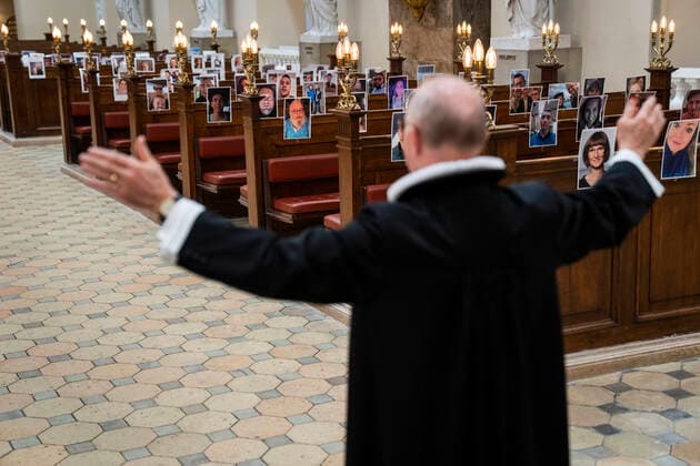County Prosecutor Anders Gadegaard and Copenhagen Cathedral held Easter service in front of a congregation of selfies on Thursday, April 9, 2020 Due to COVID 19, Our Ladys church inspired by an Italian church held the devotional on Thursday before a congregation that had sent selfies to the church, Denmark,  Copyright: MartinxSylvestx COP101 spdk20200409-163500-L