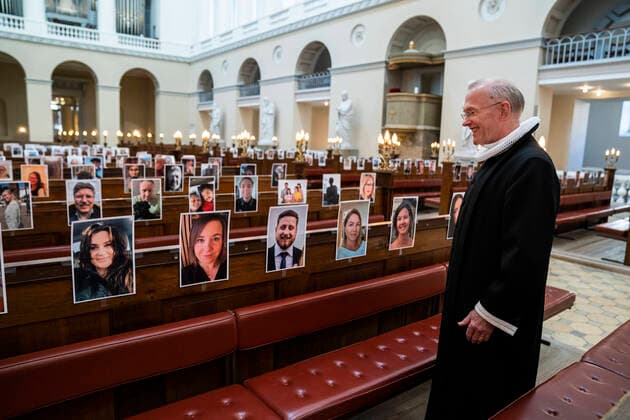 County Prosecutor Anders Gadegaard and Copenhagen Cathedral held Easter service in front of a congregation of selfies on Thursday, April 9, 2020 Due to COVID 19, Our Ladys church inspired by an Italian church held the devotional on Thursday before a congregation that had sent selfies to the church, Denmark,  Copyright: MartinxSylvestx COP101 spdk20200409-163522-L
