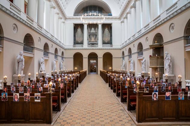 County Prosecutor Anders Gadegaard and Copenhagen Cathedral held Easter service in front of a congregation of selfies on Thursday, April 9, 2020 Due to COVID 19, Our Ladys church inspired by an Italian church held the devotional on Thursday before a congregation that had sent selfies to the church, Denmark,  Copyright: MartinxSylvestx COP101 spdk20200409-163608-L